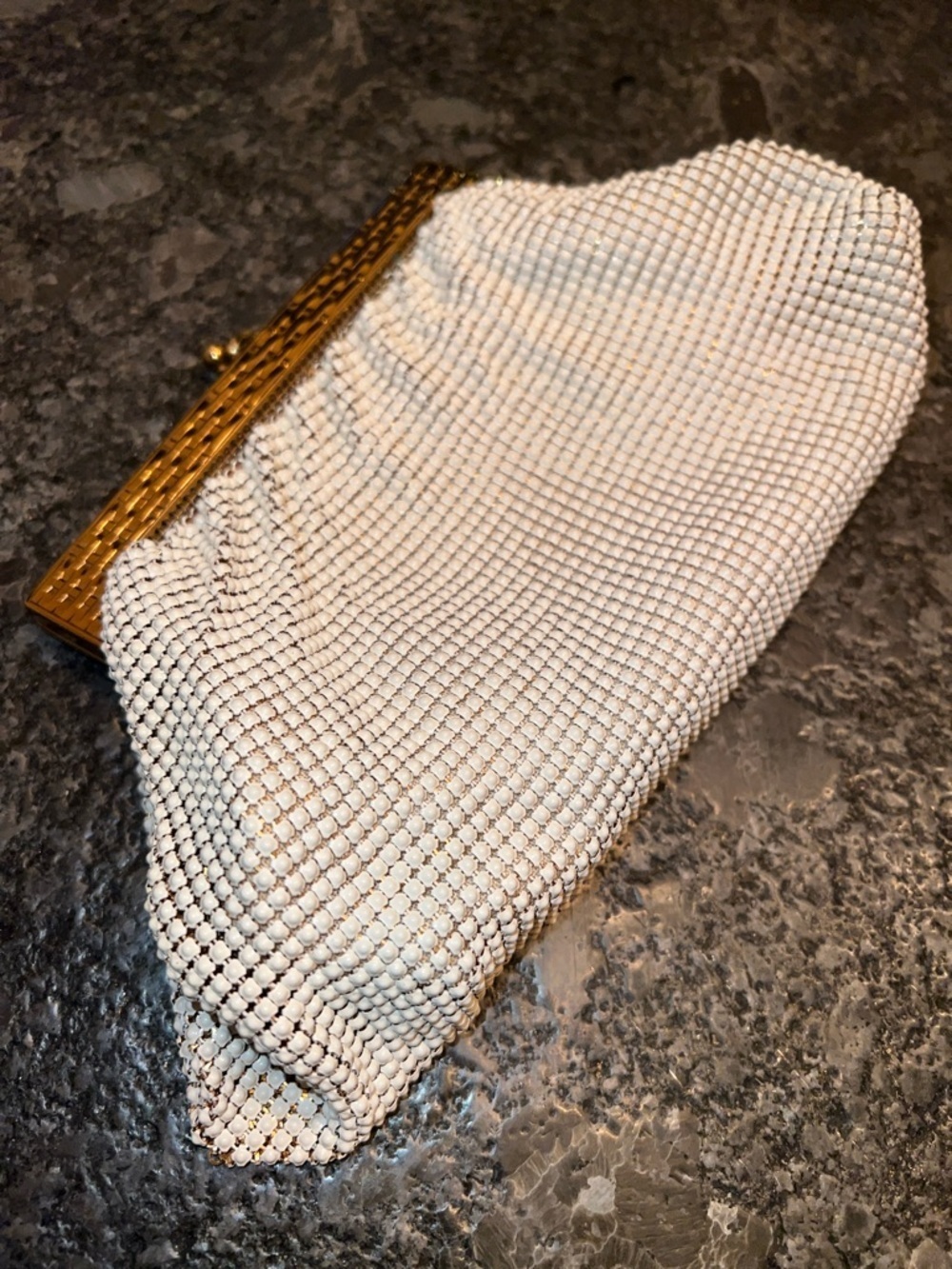 Whiting & Davis White Mesh Clutch Bag Purse Gold Metal Kisslock Frame and Clasp